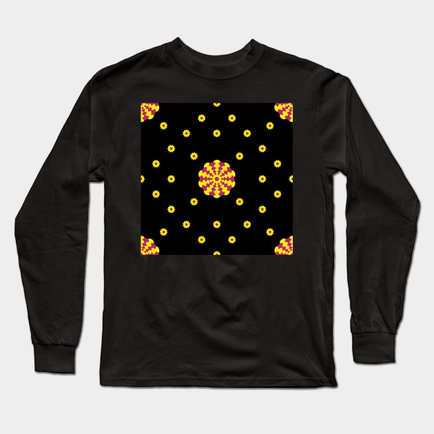 Yellow and Cerise Dahlia and Daisies on a Black background Long Sleeve T-Shirt by sleepingdogprod